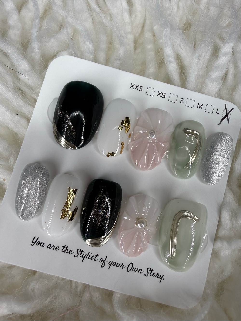 Press-On Nail Set with Dark Green, Pink & Mint Floral Pearl Accents Large
